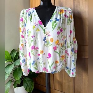 Tamara H. Botanical Boho V-Neck Floral  Blouse - White with Multi Floral Print
